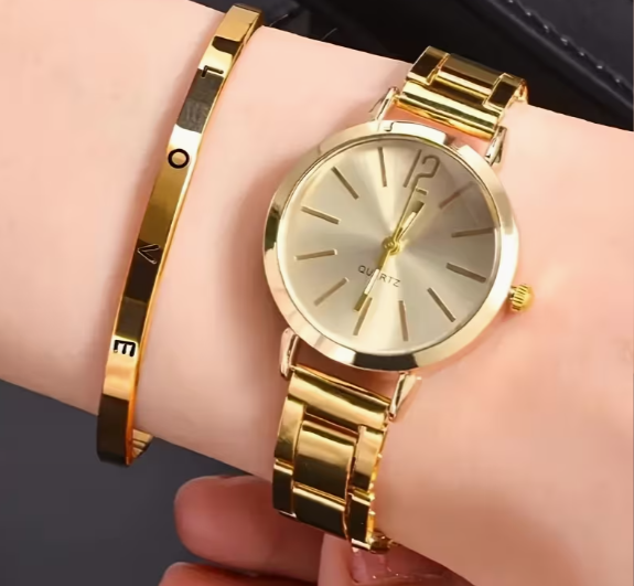 2pcs Women'S Fashion Watch And Shiny LOVE Bracelet Set, Stainless Steel Strap, Zinc Alloy Case